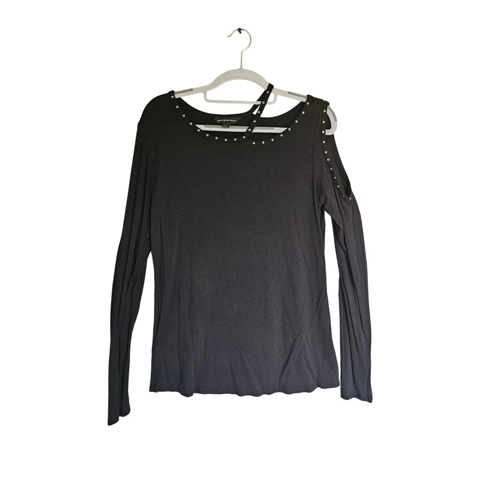 Rock & Republic Cold Shoulder Top Wmns M Black Studded Long Sleeve Strappy Edgy